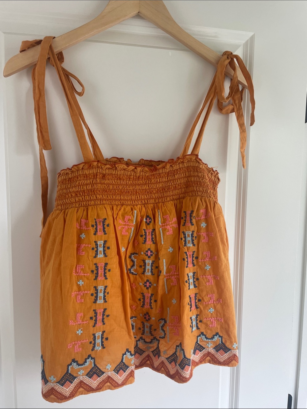 Anthropologie Mustard Embroidered Tie-Shoulder Smocked Camisole
